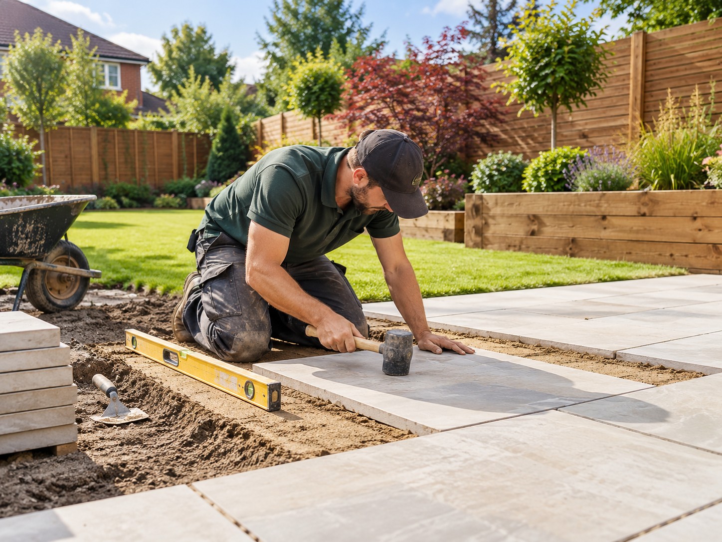 Landscaper laying an Indian sandstone paving slab