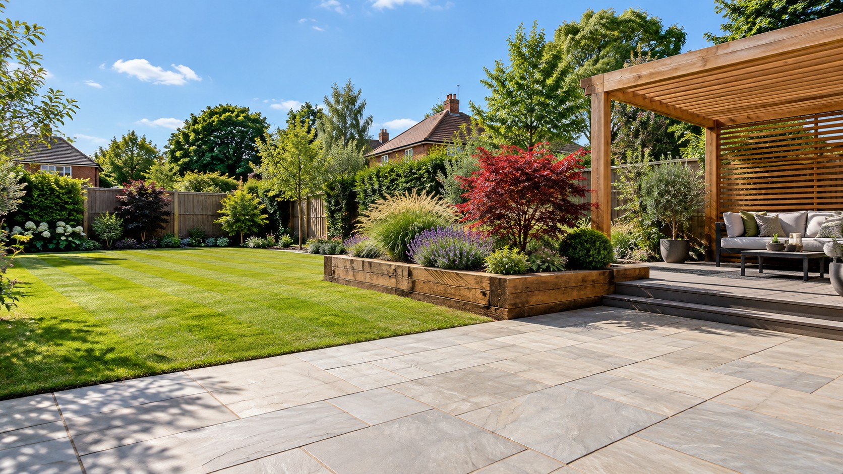 A landscaped back garden with Indian sandstone patio, lawn, planters and timber pergola