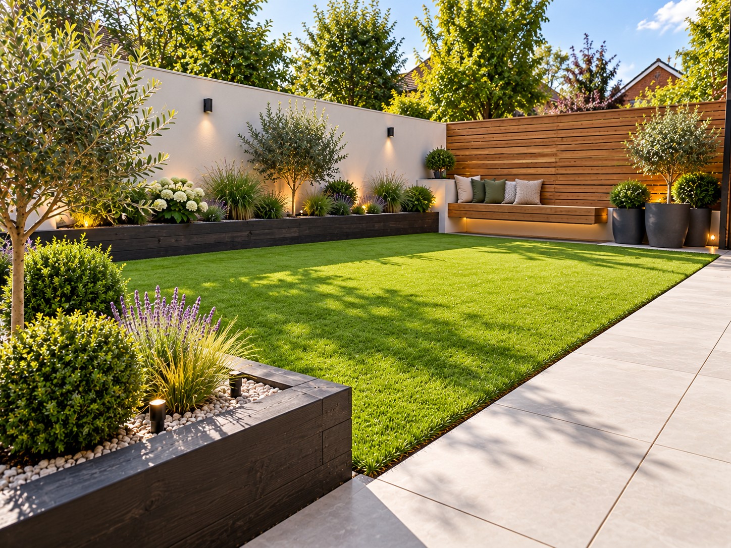 Artificial grass lawn edged with timber sleepers