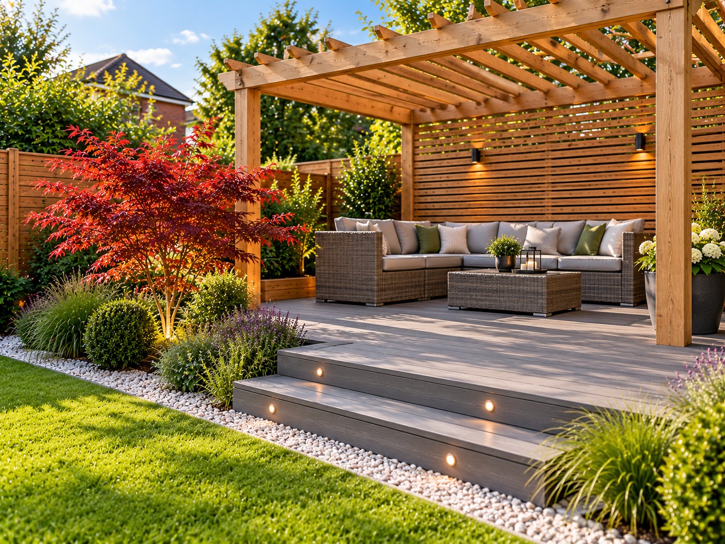 Composite decking under a timber pergola with lighting