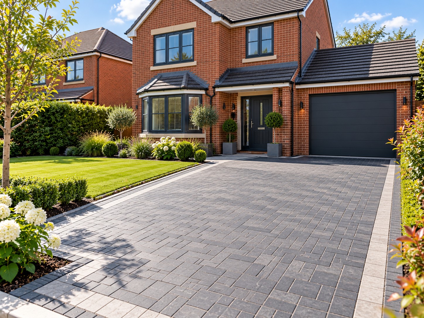 Charcoal block paved driveway in front of a brick house