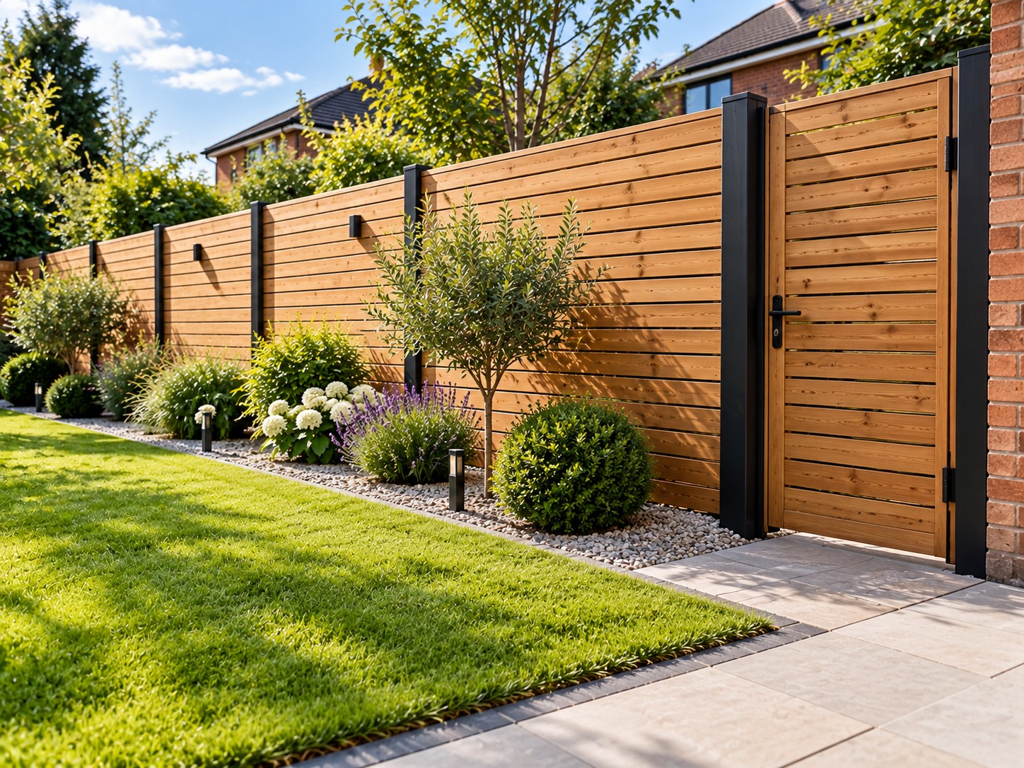 Horizontal slatted timber fence and gate