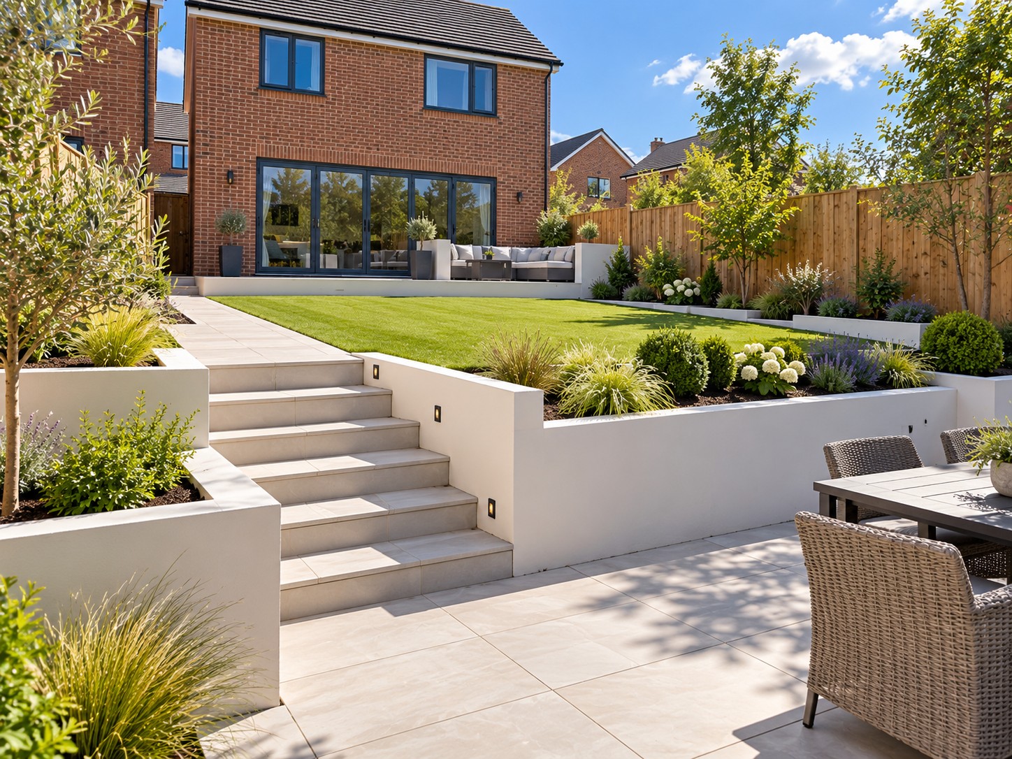 Tiered garden with rendered walls, porcelain steps and lawn