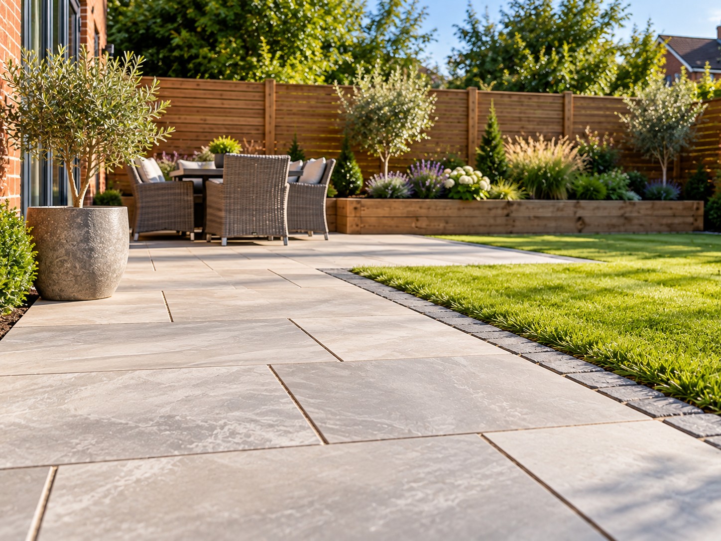 Light grey Indian sandstone patio with cobble edging