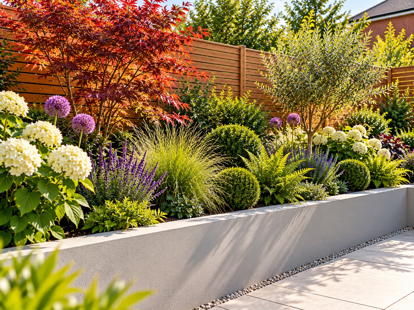 Layered planting with grasses, hydrangeas and an acer